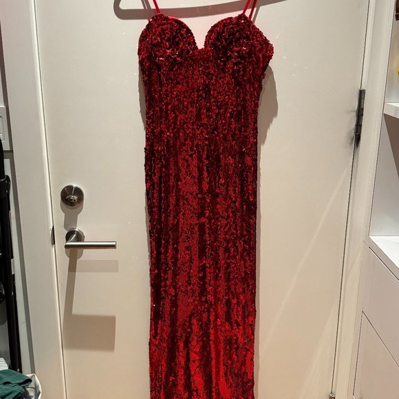 New with Tags Red Sequin Maxi Gown Dress with Flower Bust - Picture 3 of 8